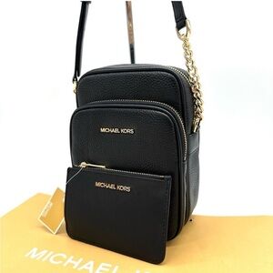 Michael Kors Medium NS Chain Xbody Bag & Small TZ Coinpouch w/ID Black/Gold